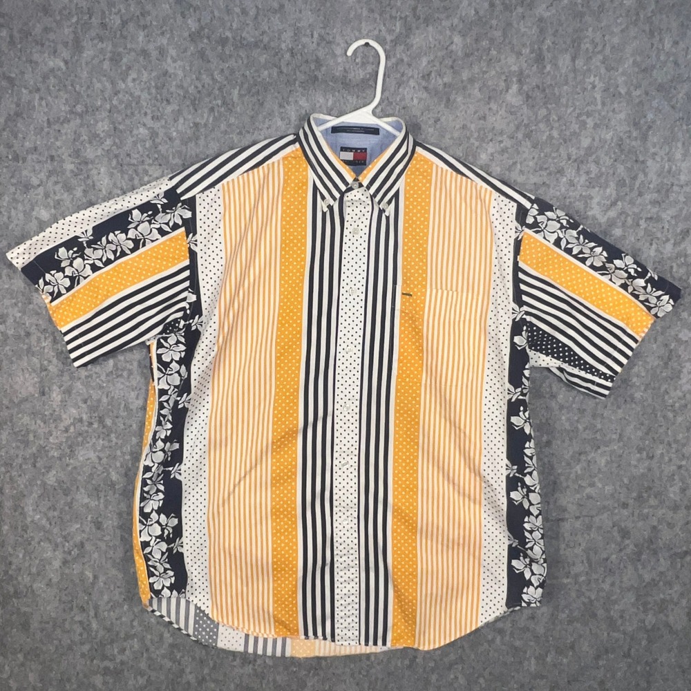 Tommy Hilfiger Men's Mixed Media Patchwork Stripe Floral Polka Dot Shirt Large